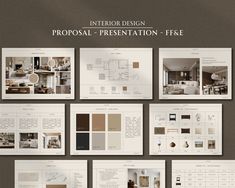 the interior design brochure is displayed in several different colors and sizes, including beiges