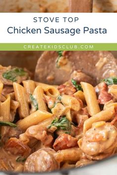 the pasta dish has chicken and spinach in it