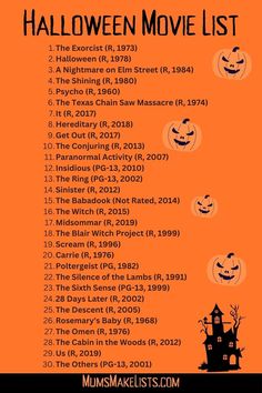 A list of the best Halloween scary movies to watch October Horror Movie List 31 Days, October Scary Movie List, Halloween Night With Boyfriend, Halloween Activities With Boyfriend, Spooky Halloween Movie Night, Halloween Movie Night With Boyfriend, Halloween Movie Party For Kids, Spooky Night Activities, Spooky Movies List