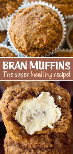 bran muffins with cream cheese in the middle and on top, are shown