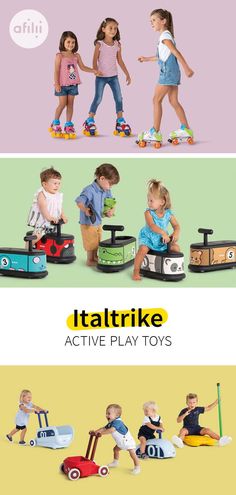 three different children's toys are shown in this advertisement