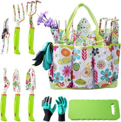 the garden tool set includes gardening gloves, rakes, and flower pot holders with matching accessories