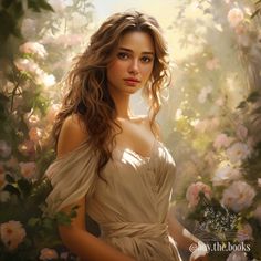 a painting of a woman in a white dress surrounded by flowers and greenery with sunlight streaming through her hair