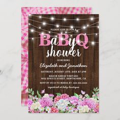 baby shower party with pink flowers and lights on the wooden planks, it's time to be a bbq shower