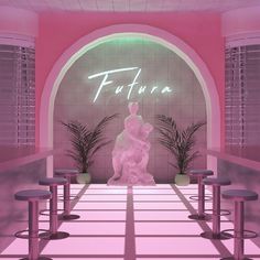 a pink room with stools and tables in front of a wall that says futura