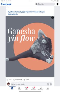 the facebook page for ganesha win flow, which features an image of a woman in