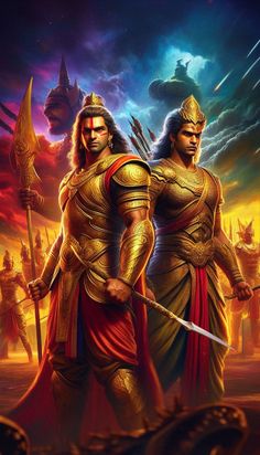 two men dressed in gold and red standing next to each other on a dark background