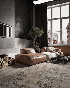 a living room filled with furniture and a tree in the middle of the room on top of a rug