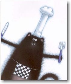 a black cat holding a fork and knife