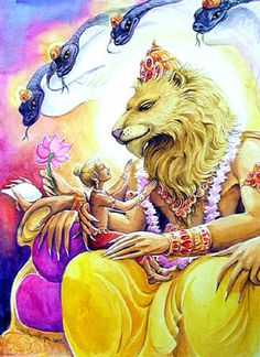 a painting of a lion sitting on top of a purple and yellow chair next to two birds