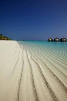 a sandy beach with some water and houses in the background