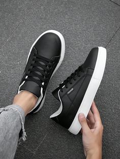 Men's Minimalist Style Front Tied Athletic Skate Shoes, Fashionable Breathable Slip-Resistant White Sports Shoes All-Match Outdoor Shoes For Students Black     Colorblock,Letter,Plain    Men Shoes, size features are:Bust: ,Length: ,Sleeve Length: Black Sneakers With Rubber Sole, Comfortable Lace-up Skate Shoes With Vulcanized Sole, Black Sporty Lace-up Shoes With Round Toe, Flat Heel Canvas Shoes For Sports With Laces, Black Synthetic Lace-up Canvas Shoes, Breathable Lace-up Skate Shoes, Comfortable Lace-up Walking Shoes With Vulcanized Sole, Lace-up Synthetic Walking Shoes, Comfortable Black Synthetic Canvas Shoes