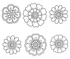 four different types of flowers that are outlined in black and white on a white background