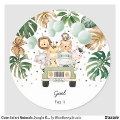 a baby shower sticker with jungle animals and balloons on the back of a car