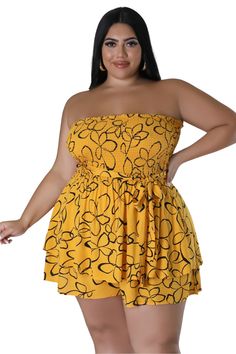 Polyester %: 100 Semi-stretch romper Tube Self-tie waist No closure 100% rayon Hand wash cold Model is wearing a 2X Big Size Dress Casual, Plus Size Beach Wear, Summer Romper Outfit, Plus Size Summer Casual, Trendy Date Night Outfit, Plus Size Elegant Dresses, Big Size Dress, Chic And Curvy, Plus Size Romper