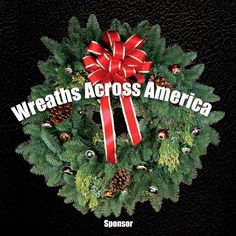 wreaths across america with red bow and pine cones on black leather background text reads wreaths across america