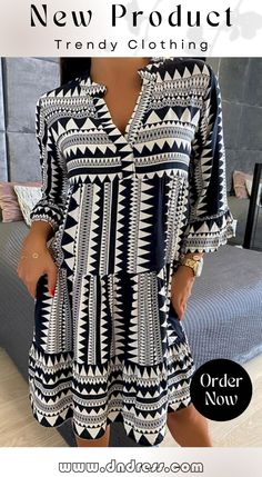 Casual V-neck Geometric Print Flared-sleeve Short Dress Casual Printed V-neck Mini Dress, Chic Patterned V-neck Dress, Long Sleeve Geometric Pattern Dress For Vacation, Long Sleeve Dress With Geometric Pattern For Vacation, V-neck Dresses With Geometric Pattern For Beach, Fall Printed V-neck Mini Dress, Printed V-neck Mini Dress For Fall, Chic V-neck Patterned Dress, Fall V-neck Printed Mini Dress