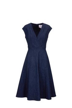 Carolina Herrera - Denim Blue Stretch Cotton A-Line Faux Wrap Dress Seamed A-line Dress For Work, A-line Seamed Dress For Work, Spring Workwear A-line Midi Dress, Formal Cotton Dresses With Pockets, Spring A-line Midi Dress For Work, Chic Dress With Concealed Front Fastening For Spring, Formal Cotton V-neck Midi Dress, Formal V-neck Cotton Midi Dress, Spring Workwear Midi Dress With Back Zipper