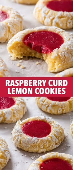 raspberry curd lemon cookies with powdered sugar on top and the bottom