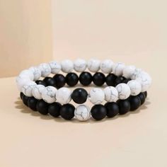 2 Piece Bracelet Set- White Marbled & Black Stone Bracelet. Individually Wrapped Material: Stone And Elastic Marble Bracelet, Relationship Bracelets, White Beads Bracelet, Perfect Gift For Girlfriend, Mens Jewelry Necklace, Natural Stone Bracelets, Couple Bracelets, Mens Beaded Bracelets, Watches Women Fashion