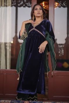 Shop for Negra Elegante Blue Silk Velvet Pleated Anarkali And Palazzo Set for Women Online at Aza Fashions V Neck Anarkali, Velvet Anarkali, Embroidered Anarkali, Palazzo Set, Organza Dupatta, Velvet Color, Blue Silk, Silk Velvet, Set For Women