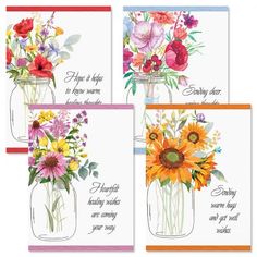 four cards with flowers in mason jars on them