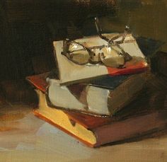 a painting of books and glasses on top of each other, sitting on a table