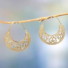 Gold vermeil hoop earrings, 'Moonlit Garden' - Unique Hoop Earrings in 22k Gold Vermeil from Bali Moonlit Garden, Unique Hoop Earrings, Haute Jewelry, Mexican Earrings, Punjabi Bride, Gold Earrings Designs, Silver Work, Sterling Silver Dangle Earrings, Garden Shop