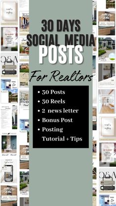 the cover of 30 days social media posts for realtors, with lots of photos and text