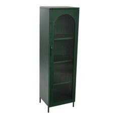 a tall green metal cabinet with two shelves on one side and an open door to the other