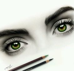 a pencil drawing of a woman's eye with long lashes and green eyeshade