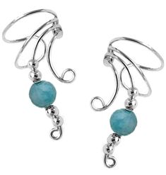 Ear Charms Beautiful non-pierced Long Wave Curly-Q Ear Cuff‚ Earrings with a 6mm Blue Jade Gemball. The Long Curly-Q Waves Are Casual and Come Down Onto Most earlobes. Our 'Long' Wave Length Is Often Worn Alone as an Alternative to Your Regular Pierced Earrings Or As a Single or Pair Accent to Your Other Earrings. No holes needed! fun with hoops & dangle earrings, too! As a Single or a Pair They Are the Best Conversation Pieces You'll Ever Wear. Comfortable, Easy to Slide On & Fully Adjustable. Long Ear Cuff, Silver Ear Cuff Earrings, Blue Jade, Silver Ear Cuff, Ear Cuff Earings, Jade Beads, Green Jade, Cuff Earrings, Pierced Earrings