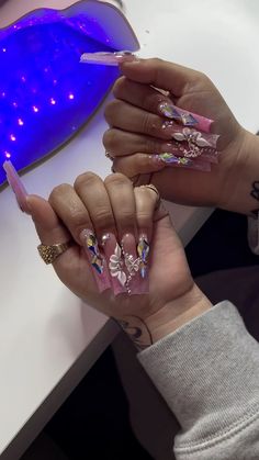 Long Pink Bling Acrylic Nails, Pink Xl Acrylic Nails, Dramatic Pink Acrylic Nails, Pink Glam Nails Long, Long Pink Acrylic Nails With Charms, Home Nail Salon, Body Smells