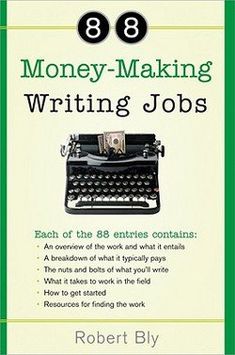 a book cover with an old typewriter and money on the page, which reads 8 money - making writing jobs