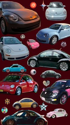 many different types of cars are shown in this graphic art work, including the volkswagen logo