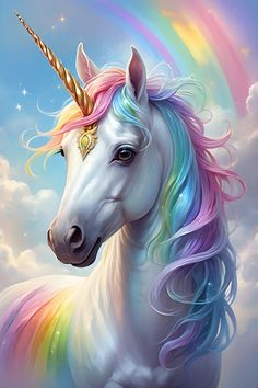 a painting of a unicorn with a rainbow mane