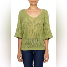 Green Knit Top Made In Italy 50% Acrylic 50% Cotton Hand Wash, Dry Clean Or Machine Wash Cold Dry Flat. Do Not Bleach Casual Open Knit Crochet V-neck Top, Casual V-neck Open Knit Crochet Top, V-neck Textured Knit Beach Sweater, Stretch Open Knit V-neck Sweater, Green Pointelle Knit Sweater, Stretch Green Knit Crochet Top, Green Pointelle Knit Top For Spring, Green Stretch Open Knit Top, Green Open Knit Tops