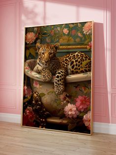 a painting of a leopard laying in a bathtub with flowers on the wall behind it