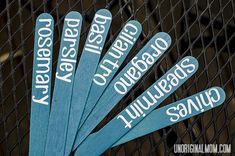 several blue wooden signs with white writing on them sitting in front of a wire fence