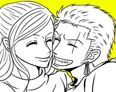 a man and woman hugging each other with their faces drawn in black and white on a yellow background