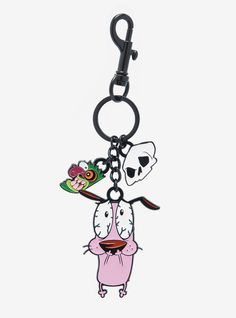 a key chain with a cartoon character hanging from it's center loop, on a white background