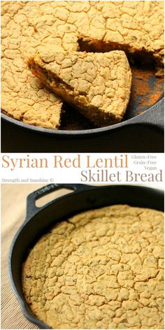 two pictures of a skillet filled with cornbread next to another image of a skillet full of cornbread