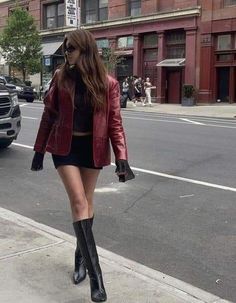 Fall Outfits 2023 Cherry Red, Fall 2023 Going Out, Downtown Going Out Outfit, Red Chic Outfit, Red And Brown Fall Outfits, Outfit Inspo Winter Aesthetic, Plaza Core Outfits, Dark Cherry Red Dress, Cherry Red Style