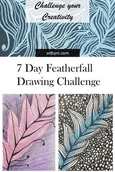 the cover of an art journal with four different patterns and text that reads 7 day featherfall drawing challenge