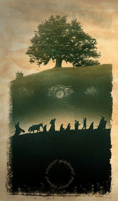 the lord's prayer with silhouettes of people and animals in front of a tree