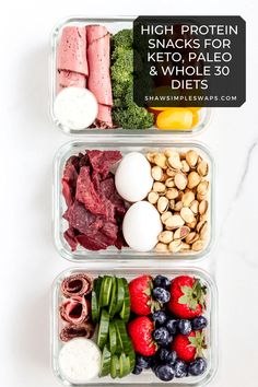 two plastic containers filled with different types of food and the words high protein snack boxes above them