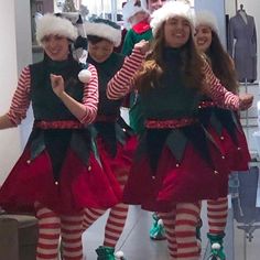 Group of elves skipping down a hallway, smiling and laughing. Holiday Party Outfit Inspiration, Elf Village, Christmas Costumes Women, Christmas Elf Outfit, Loving Others, Christmas Elf Costume, Xmas Costumes, Elf Yourself