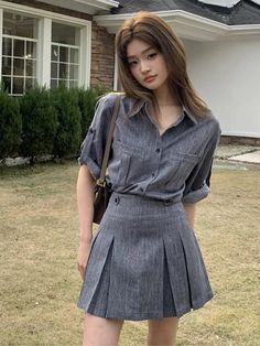 45386484318436|45386484449508|45386484515044|45386484580580 Summer Gray Long Sleeve Sets, Casual Gray Skirt For Office, Female Summer Outfits, Suit Korean, Suits Korean, Mini Skirt Set, 2 Piece Suit, Middle Age Fashion, Korean Casual