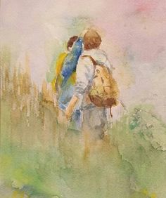 watercolor painting of two people with backpacks walking in the grass, one carrying a bag