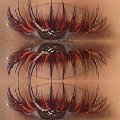 Red And Orange Lash Extensions, Fun Lash Extensions, Thanksgiving Lashes, Halloween Eyelash Extensions, Creative Lash Extensions